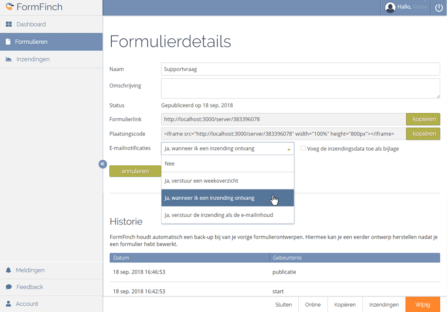 e-mailnotificatie instellingen op de form details pagina