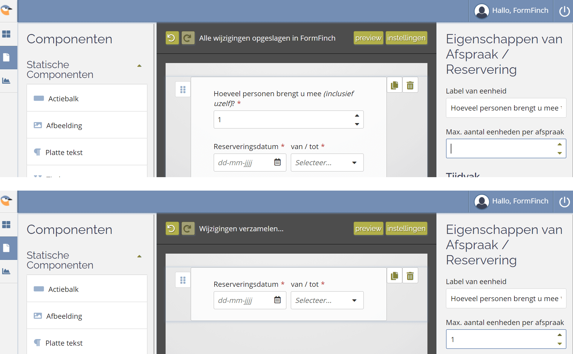 In de Formdesigner zie je het effect van de instellingen op het formulierontwerp