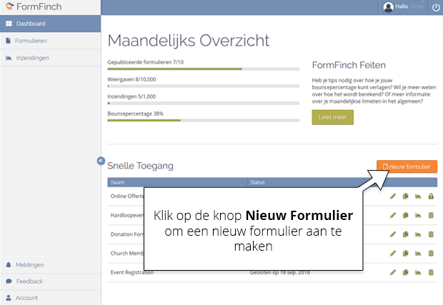 FormFinch dashboard nieuw formulier knop locatie