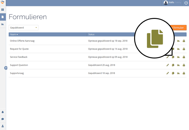 Locatie van de kopieerknop op de Formulieren pagina