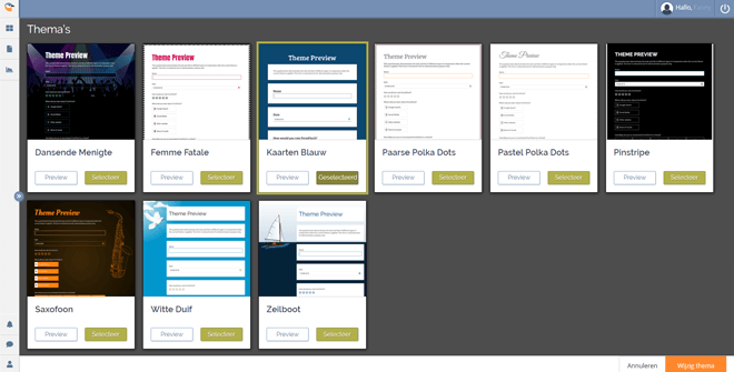 Thema selectie interface in de form builder FormFinch