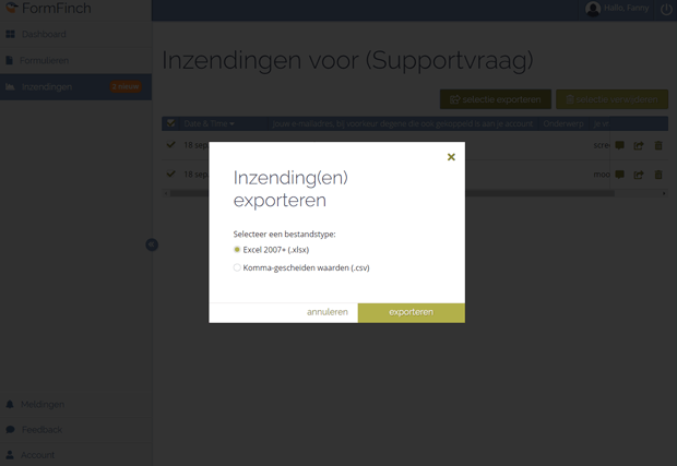 Exporteer formulierinzendingennaar Excel of csv
