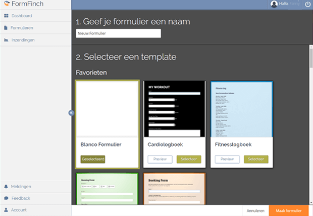 Formulier naamgeving en template selectie