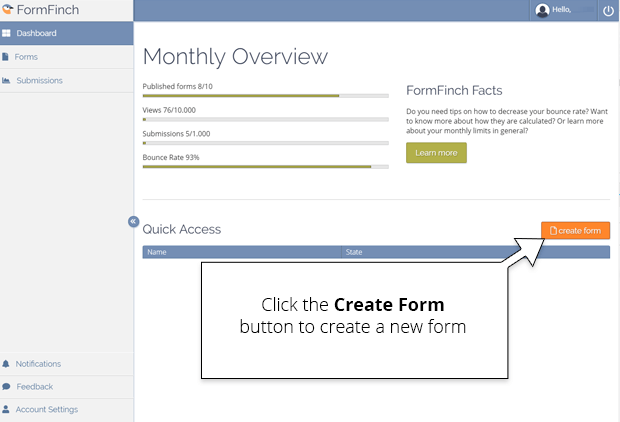 FormFinch dashboard create form button location