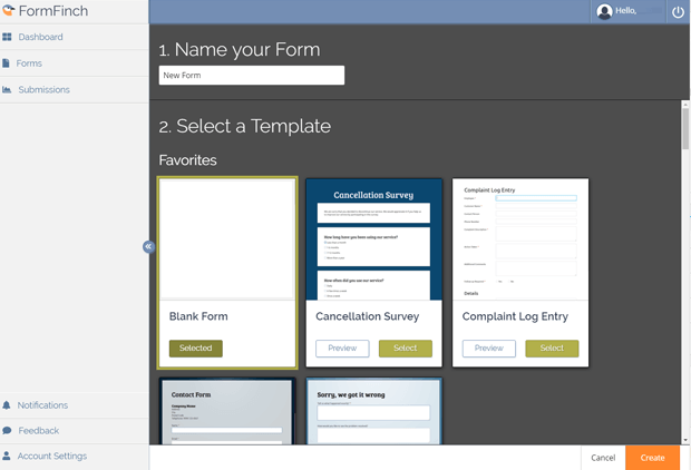New form naming and template selection interface
